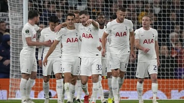 Tottenham players celebrate after Vitesse&#039;s Jacob Rasmussen scored an own goal during the Europa Conference League group G soccer match between Tottenham Hotspur and SBV Vitesse at Tottenham Hotspur Stadium in London, Thursday, Nov. 4, 2021 . (AP Pho