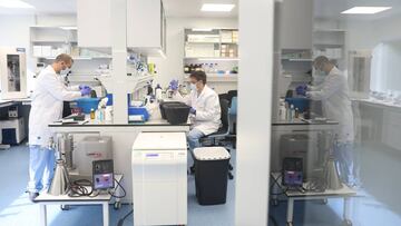Investigadores trabajan en las instalaciones de una nueva factoría de la empresa ALGENEX dedicada a la producción de vacunas. En Tres Cantos, Madrid, (España), a 24 de septiembre de 2020.
24 SEPTIEMBRE 2020;VACUNAS;ALGENEX;COVID;AGUADO;DUQUE
Marta Fernández Jara / Europa Press
24/09/2020