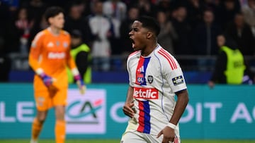 Lyon's Brazilian forward #09 Endrick reacts during a penalty shoot-out in the French Cup quarter-final football match between Olympique Lyonnais (OL) and RC Lens at the Groupama Stadium in Decines-Charpieu, central-eastern France, on March 5, 2026. (Photo by Olivier CHASSIGNOLE / AFP)