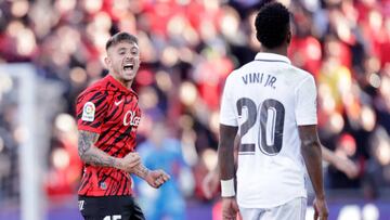 PALMA DE MALLORCA, SPAIN - FEBRUARY 5: Pablo Maffeo of Real Mallorca celebrates the victory during the La Liga Santander match between Real Mallorca v Real Madrid at the Visit Mallorca Estadi on February 5, 2023 in Palma de Mallorca Spain (Photo by David S. Bustamante/Soccrates/Getty Images)