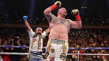 USA's Andy Ruiz (R) celebrates after knocking down England's Anthony Joshua (off frame) in the 7th round to win by TKO during their 12-round IBF, WBA, WBO & IBO World Heavyweight Championship fight at Madison Square Garden in New York on June 1, 2019. (Photo by TIMOTHY A. CLARY / AFP)