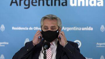 FILE PHOTO: Argentina's President Alberto Fernandez gestures during the announcement that Argentina and Mexico will produce and distribute an experimental coronavirus vaccine, at the Olivos Presidential residence, in Buenos Aires, Argentina August 12, 2020. Juan Mabromata/Pool via REUTERS/File Photo