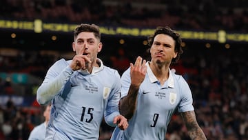 Soccer Football - International Friendly - England v Uruguay - Wembley Stadium, London, Britain - March 27, 2026 Uruguay's Federico Valverde celebrates scoring their first goal with Darwin Nunez Action Images via Reuters/Andrew Couldridge