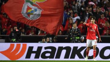 In demand | Jo?o F¨¦lix of Benfica celebrates after scoring his team's first goal from the penalty spot against Eintracht Frankfurt.
