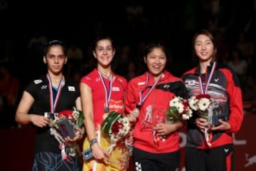 Las triunfadoras del mundial: Saina Nehwal, plata; Carolina Marín, oro; Lindaweni Fanetri y Sung Ji Hyun, bronces.