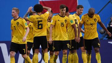 Belgium's forward Eden Hazard (4th L) is congratulated by teammates after scoring during their Russia 2018 World Cup play-off for third place football match between Belgium and England at the Saint Petersburg Stadium in Saint Petersburg on July 14, 2