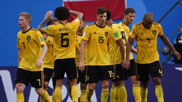 Belgium&#039;s forward Eden Hazard (4th L) is congratulated by teammates after scoring during their Russia 2018 World Cup play-off for third place football match between Belgium and England at the Saint Petersburg Stadium in Saint Petersburg on July 14, 2