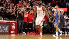 Jan 27, 2019; Houston, TX, USA; Houston Rockets guard James Harden (13) celebrates a made basket against the Orlando Magic during the fourth quarter at Toyota Center. Mandatory Credit: Erik Williams-USA TODAY Sports