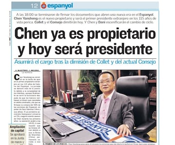 Extracto del As del 20 de enero de 2016, en que se informaba de la firma de Chen como nuevo propietario del Espanyol.