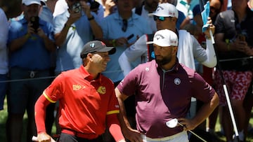 Golf - LIV Golf - Andalucia - Real Club Valderrama, Sotogrande, Spain - July 11, 2025 Fireballs GC's Sergio Garcia and Legion XIII's Jon Rahm during the first round REUTERS/Jon Nazca