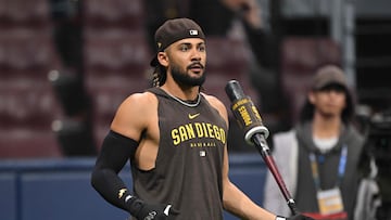 San Diego Padres' Fernando Tatis Jr. attends a practice session at Gocheok Sky Dome in Seoul on March 19, 2024, ahead of the 2024 MLB Seoul Series baseball game between Los Angeles Dodgers and San Diego Padres. (Photo by Jung Yeon-je / AFP)