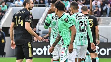 Giorgio Chiellini of LAFC has a word with William Tesillo of Club Leon during the CONCACAF Champions League final second leg at the BMO Stadium in Los Angeles on June 4, 2023 where Club Leon won 1-0. (Photo by Frederic J. BROWN / AFP)
