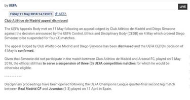 UEFA desestima el recurso por Simeone; el Atleti ir¨¢ al TAS