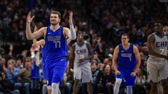 Jan 4, 2020; Dallas, Texas, USA; Dallas Mavericks forward Luka Doncic (77) celebrates making a three point shot against the Charlotte Hornets during the second half at the American Airlines Center. Mandatory Credit: Jerome Miron-USA TODAY Sports