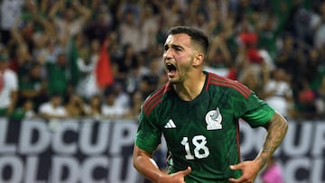 Mexico's midfielder Luis Chavez celebrates scoring his team's fourth goal during the Concacaf 2023 Gold Cup Group B football match between Mexico and Honduras at the NRG Stadium in Houston, Texas on June 25, 2023. (Photo by Mark Felix / AFP)