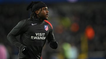 Atletico Madrid's Nigerian forward #22 Ademola Lookman warms-up before the UEFA Champions League knockout round play-off first leg football match between Club Brugge and Atletico Madrid at the Jan Breydel Stadium in Brugge on February 18, 2026. (Photo by NICOLAS TUCAT / AFP)