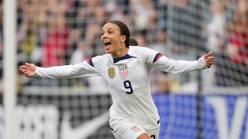 NASHVILLE, TN - FEBRUARY 19: Mallory Swanson #9 of the United States scores a goal and celebrates during the SheBelieves Cup game between Japan and USWNT at GEODIS Park on February 19, 2023 in Nashville, Tennessee. (Photo by Brad Smith/ISI Photos/Getty Images)