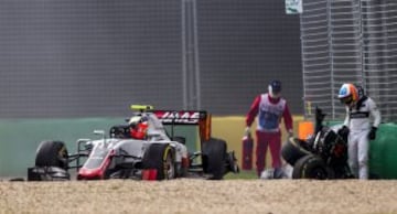 Alonso's right wheel clipped Esteban Gutierrez's Haas at high speed going into turn three of the 18th lap and the impact sent the Spaniard's McLaren careening into a barrier, smashing it to pieces, before it flipped, rolled and flew end-over-end into anot