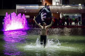 TORONTO, ON - JUNE 13: Toronto Raptors fans celebrate at Toronto City Hall after the team beat the Golden State Warriors in Game Six of the NBA Finals, on June 13, 2019 in Toronto, Canada.