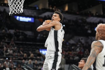 Oct 9, 2024; San Antonio, Texas, USA;  San Antonio Spurs center Victor Wembanyama (1) goes up for a shots in the first half against the Orlando Magic at Frost Bank Center. Mandatory Credit: Daniel Dunn-Imagn Images