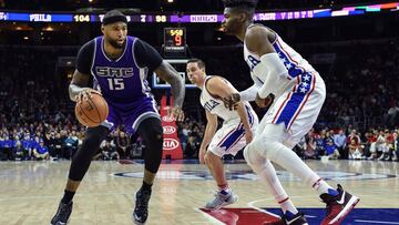 Jan 30, 2017; Philadelphia, PA, USA; Sacramento Kings forward DeMarcus Cousins (15) drives toward the net as Philadelphia 76ers forward Nerlens Noel (4) defends during the fourth quarter of the game at the Wells Fargo Center. The 76ers won the game 122-119. Mandatory Credit: John Geliebter-USA TODAY Sports
