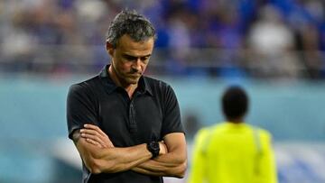 Spain's coach #00 Luis Enrique reacts during the Qatar 2022 World Cup Group E football match between Japan and Spain at the Khalifa International Stadium in Doha on December 1, 2022. (Photo by JAVIER SORIANO / AFP) (Photo by JAVIER SORIANO/AFP via Getty Images)