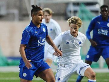 COPENHAGEN, DENMARK - NOVEMBER 02:     Faiq Bolkiah of Leicester City in action with Morten Hjulmand of FC Copenhagen during the UEFA Youth Champions League match between FC Copenhagen and Leicester City at Osterbro Stadium on November 02, 2016 in Copenhagen, Denmark. (Photo by Plumb Images/Leicester City FC via Getty Images)