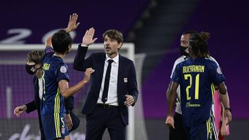BILBAO, SPAIN - AUGUST 22: Olympique Lyonnais manager, Jean-Luc Vasseur celebrates following his sides victory in the UEFA Women's Champions League Quarter Final match between Olympique Lyon Women and FC Bayern Muenchen Women at San Mames Stadium on