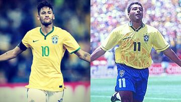 Neymar y Romario celebran goles con la camiseta de la selecci&oacute;n brasile&ntilde;a.