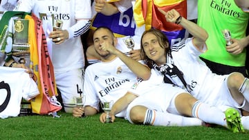 Karim Benzema y Luka Modric, en la celebración de la Copa del Rey que el Real Madrid ganó contra el Barcelona en la final disputada en Mestalla en 2014.