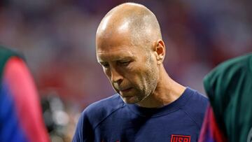USA's coach Gregg Berhalter looks down following his team's defeat in the Conmebol 2024 Copa America tournament group C football match between Panama and USA at Mercedes Benz Stadium in Atlanta, Georgia, on June 27, 2024. (Photo by EDUARDO MUNOZ / AFP)