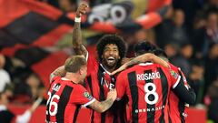 Nice's Brazilian defender #04 Dante (C) celebrates after winning the French L1 football match between OGC Nice and Marseille OM at the Allianz Riviera Stadium in Nice, southeastern France, on October 21, 2023. (Photo by Valery HACHE / AFP)