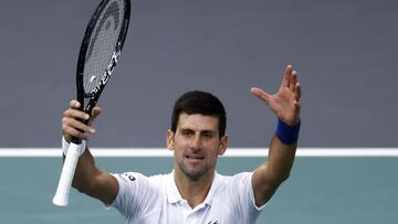 Tennis - ATP Masters 1000 - Paris Masters - Accor Arena, Paris, France - November 6, 2021 Serbia's Novak Djokovic celebrates after winning his semi-final match against Poland's Hubert Hurkacz REUTERS/Christian Hartmann
