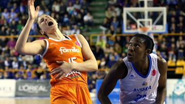 GRAF2033. SALAMANCA, 01/02/2018.- La escolta macedonia del perfumerías Avenida de Salamanca Krisi Givens (d) intenta superar a la jugadora del conjunto italiano Famila Schio, durante el partido de la Euroliga de baloncesto femenino que se juega hoy en Salamanca. EFE/J.M.GARCIA