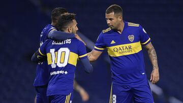 Soccer Football - Copa Libertadores - Group C - Boca Juniors v The Strongest - Estadio La Bombonera, Buenos Aires - Argentina- May 26, 2021 Boca Juniors' Carlos Tevez celebrates their third goal with teammates, an own goal scored by The Strongest's Juan Gabriel Valverde Pool via REUTERS/Juan Mabromata