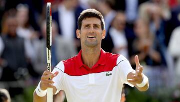 LONDON, ENGLAND - JUNE 21: Novak Djokovic of Serbia celebrates his win during his men's singles match against Grigo Dimitrov of Bulgaria during Day Four of the Fever-Tree Championships at Queens Club on June 21, 2018 in London, United Kingdom. (Photo by Matthew Stockman/Getty Images)