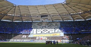 Hamburg (Germany), 30/09/2018.- Hamburg's supporters sport a huge banner before the German Second Bundesliga soccer match between HSV Hamburg and FC St. Pauli, in Hamburg, Germany, 30 September 2018.