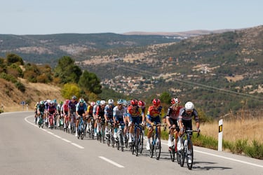El pelotón participando en la vigésima etapa de La Vuelta a España disputada este sábado entre las localidades madrileñas de Robledo de Chabela y el Puerto de Navacerrada con un recorrido de 165.6 km.