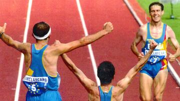 ESPECIAL PARA EL DIARIO "AS". Helsinki (Finlandia), 14-8-1994.- Los atletas españoles Martín Fiz, Diego García y Alberto Juzdado han conseguido un triplete histórico en el maratón masculino de los Campeonatos de Europa con las medallas de oro, plata y bronce respectivamente. En la foto, García (i) y Fiz (c) animan jubilosos a Juzdado. EFE/archivo