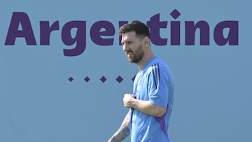 Argentina's forward #10 Lionel Messi looks on during a training session at Qatar University in Doha, on November 27, 2022 ahead of the Qatar 2022 World Cup football tournament match against Poland to be held on November 30. (Photo by JUAN MABROMATA / AFP)