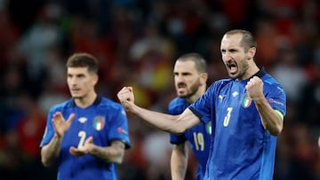 Soccer Football - Euro 2020 - Semi Final - Italy v Spain - Wembley Stadium, London, Britain - July 6, 2021 Italy&#039;s Leonardo Bonucci and Giorgio Chiellini react during the penalty shoot-out Pool via REUTERS/Carl Recine