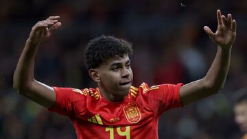 Spain's forward #19 Lamine Yamal reacts during the international friendly football match between Spain and Brazil at the Santiago Bernabeu stadium in Madrid, on March 26, 2024. Spain arranged a friendly against Brazil at the Santiago Bernabeu under the slogan "One Skin" to help combat racism. (Photo by Pierre-Philippe MARCOU / AFP)
