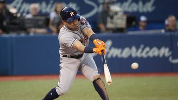 TORONTO, ON - JULY 6: Jose Altuve #27 of the Houston Astros hits an RBI single in the fifth inning during MLB game action against the Toronto Blue Jays at Rogers Centre on July 6, 2017 in Toronto, Canada.   Tom Szczerbowski/Getty Images/AFP
 == FOR NEWSPAPERS, INTERNET, TELCOS &amp; TELEVISION USE ONLY ==