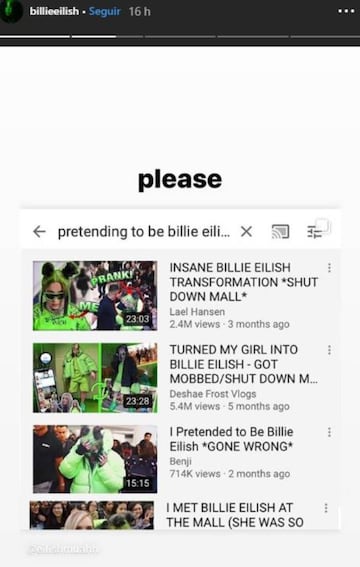 Billie Eilish v&iacute;a Instastories. Enero 30, 2020.