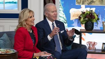 President Joe Biden and first lady Dr. Jill Biden speak to families from the South Court Auditorium, on the White House grounds in Washington, DC, as NORAD  follows Santa&#039;s journey on Christmas Eve.