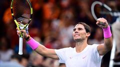 Spain&#039;s Rafael Nadal celebrates after winning against France&#039;s Jo-Wilfried Tsonga during their men&#039;s singles quarter-final tennis match at the ATP World Tour Masters 1000 - Rolex Paris Masters - indoor tennis tournament at The AccorHotels Arena in Paris on November 1, 2019. (Photo by MARTIN BUREAU / AFP)