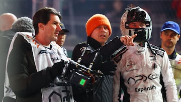 LAS VEGAS, NEVADA - NOVEMBER 22: Brad Pitt, star of the upcoming Formula One based movie, F1, and Joseph Kosinski, director of the upcoming Formula One based movie, F1, look on in parc ferme during qualifying ahead of the F1 Grand Prix of Las Vegas at Las Vegas Strip Circuit on November 22, 2024 in Las Vegas, Nevada. Mark Thompson/Getty Images/AFP (Photo by Mark Thompson / GETTY IMAGES NORTH AMERICA / Getty Images via AFP)