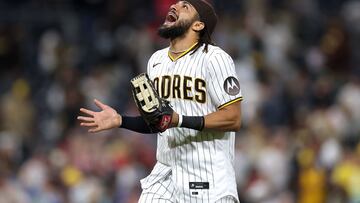 SAN DIEGO, CALIFORNIA - SEPTEMBER 05: Fernando Tatis Jr. #23 of the San Diego Padres reacts after defeating the Philadelphia Phillies 8-0 in a game at PETCO Park on September 05, 2023 in San Diego, California.   Sean M. Haffey/Getty Images/AFP (Photo by Sean M. Haffey / GETTY IMAGES NORTH AMERICA / Getty Images via AFP)