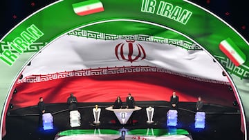 Iran's flag is displayed on a screen during the draw for the 2026 FIFA Football World Cup taking place in the US, Canada and Mexico, at the Kennedy Center, in Washington, DC, on December 5, 2025. (Photo by Roberto SCHMIDT / AFP)