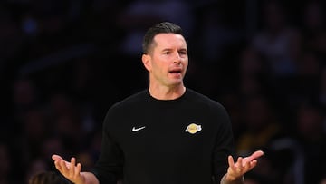 LOS ANGELES, CALIFORNIA - NOVEMBER 19: Head coach JJ Redick of the Los Angeles Lakers reacts while playing the Utah Jazz during the first quarter of the Emirates NBA Cup at Crypto.com Arena on November 19, 2024 in Los Angeles, California. NOTE TO USER: User expressly acknowledges and agrees that, by downloading and or using this photograph, User is consenting to the terms and conditions of the Getty Images License Agreement. Harry How/Getty Images/AFP (Photo by Harry How / GETTY IMAGES NORTH AMERICA / Getty Images via AFP)